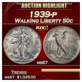 1939-p Walking Liberty Half Dollar 50c ms67 SEGS