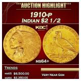 1910-p Gold Indian Quarter Eagle $2 1/2 ms64+ SEGS