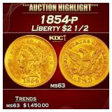 1854-p Gold Liberty Quarter Eagle $2 1/2 ms63 USCG