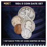 1934 5 Coin Date Set, 1 Of Each Type Of Coin Minte
