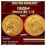 1929-p Gold Indian Quarter Eagle $2 1/2 ms65+ SEGS