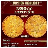 1890-cc Gold Liberty Eagle $10 ms62+ USCG