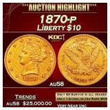 1870-p Gold Liberty Eagle $10 au58 SEGS