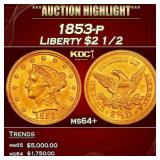 1853-p Gold Liberty Quarter Eagle $2 1/2 ms64+ SEG