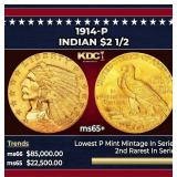 1914-p Gold Indian Quarter Eagle $2 1/2 ms65+ SEGS