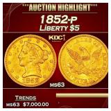 1852-p Gold Liberty Half Eagle $5 ms63 USCG