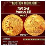 1913-s Gold Indian Half Eagle $5 ms63+ USCG
