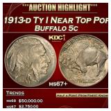 1913-d Ty I Buffalo Nickel Near Top Pop 5c ms67+ S