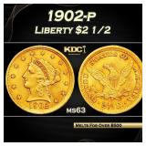 1902-p Gold Liberty Quarter Eagle $2 1/2 ms63 USCG