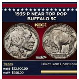 1935-p Buffalo Nickel Near Top Pop 5c ms67+ SEGS