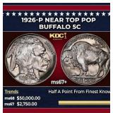 1926-p Buffalo Nickel Near Top Pop 5c ms67+ SEGS