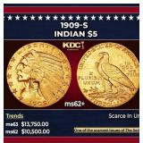 1909-s Gold Indian Half Eagle $5 ms62+ USCG