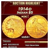 1914-d Gold Indian Half Eagle $5 ms64+ USCG