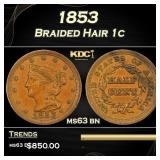 1853 Braided Hair Large Cent 1c Grades ms63 bn
