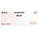 1910-s Lincoln Cent TOP POP! 1c ms67 rb SEGS