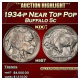 1934-p Buffalo Nickel Near Top Pop 5c ms67 SEGS