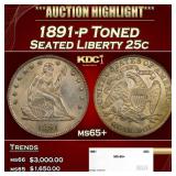 1891-p Seated Liberty Quarter Toned 25c ms65+ SEGS
