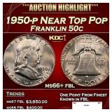 1950-p Franklin Half Dollar Near Top Pop 50c ms66+