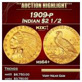 1909-p Gold Indian Quarter Eagle $2 1/2 ms64+ SEGS