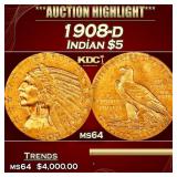 1908-d Gold Indian Half Eagle $5 ms64 USCG