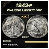 1943-p Walking Liberty Half Dollar 50c ms67 SEGS