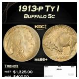 1913-p Ty I Buffalo Nickel 5c ms66+ SEGS