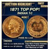 1871 Proof Indian Cent TOP POP! 1c pr66 rd cam SEG