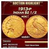 1913-p Gold Indian Quarter Eagle $2 1/2 ms64+ SEGS
