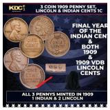 3 Coin 1909 Penny Set, Lincoln & Indian Cents 1c