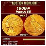 1908-p Gold Indian Half Eagle $5 ms65+ SEGS
