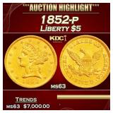 1852-p Gold Liberty Half Eagle $5 ms63 USCG