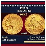 1913-s Gold Indian Half Eagle $5 ms63 USCG