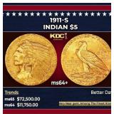 1911-s Gold Indian Half Eagle $5 ms64+ USCG