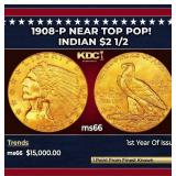 1908-p Gold Indian Quarter Eagle Near Top Pop! $2