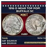 1916-d Buffalo Nickel Near Top Pop! 5c ms66+ SEGS