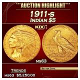 1911-s Gold Indian Half Eagle $5 ms63 USCG