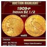 1909-p Gold Indian Quarter Eagle $2 1/2 ms65 SEGS