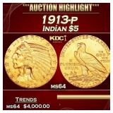 1913-p Gold Indian Half Eagle $5 ms64 USCG