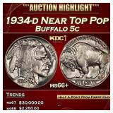 1934-d Buffalo Nickel Near Top Pop 5c ms66+ SEGS