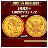 1853-p Gold Liberty Quarter Eagle $2 1/2 ms63 USCG