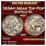 1934-p Buffalo Nickel Near Top Pop 5c ms67 SEGS