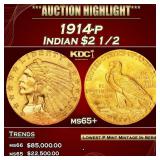 1914-p Gold Indian Quarter Eagle $2 1/2 ms65+ SEGS