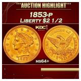 1853-p Gold Liberty Quarter Eagle $2 1/2 ms64+ SEG