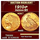1910-p Gold Indian Half Eagle $5 ms64+ USCG
