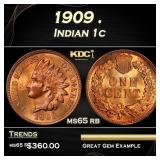 1909 Indian Cent . 1c Grades ms65 rb