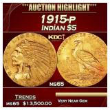 1915-p Gold Indian Half Eagle $5 ms64+ USCG