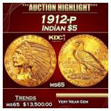 1912-p Gold Indian Half Eagle $5 ms64+ USCG