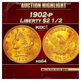 1902-p Gold Liberty Quarter Eagle $2 1/2 ms64 USCG
