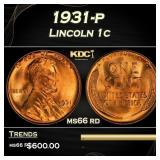 1931-p Lincoln Cent 1c Grades ms66 rd
