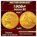 1908-p Gold Indian Half Eagle $5 ms65 USCG